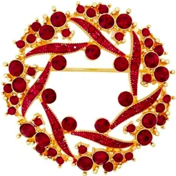 Napier Jewelry - NAPIER Holiday Christmas Wreath Gold Ruby Red Crystal Brooch Pin**NEW!